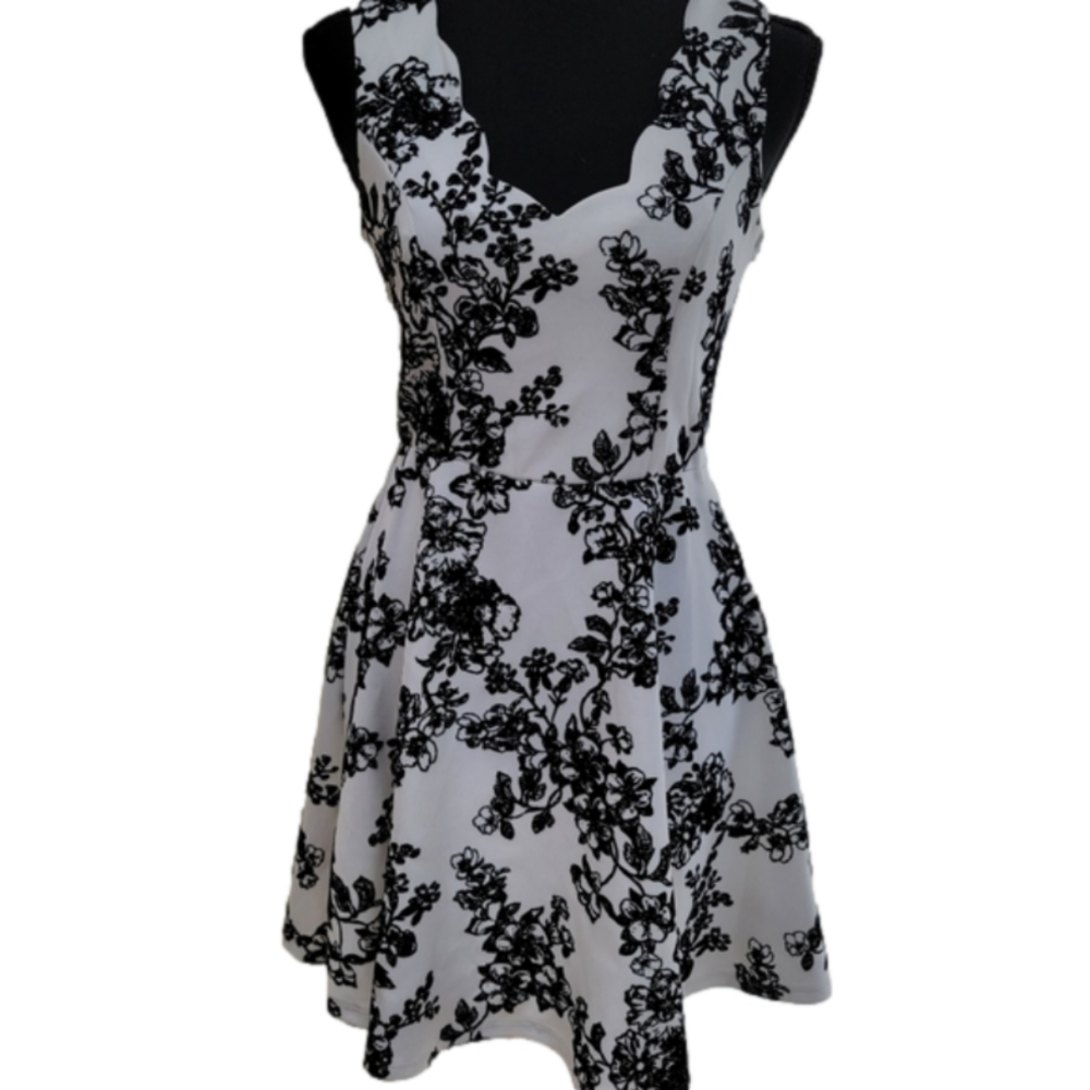 Trixxi Sleeveless A-Line Dress White with Black Flocked Rose Print Size M EUC